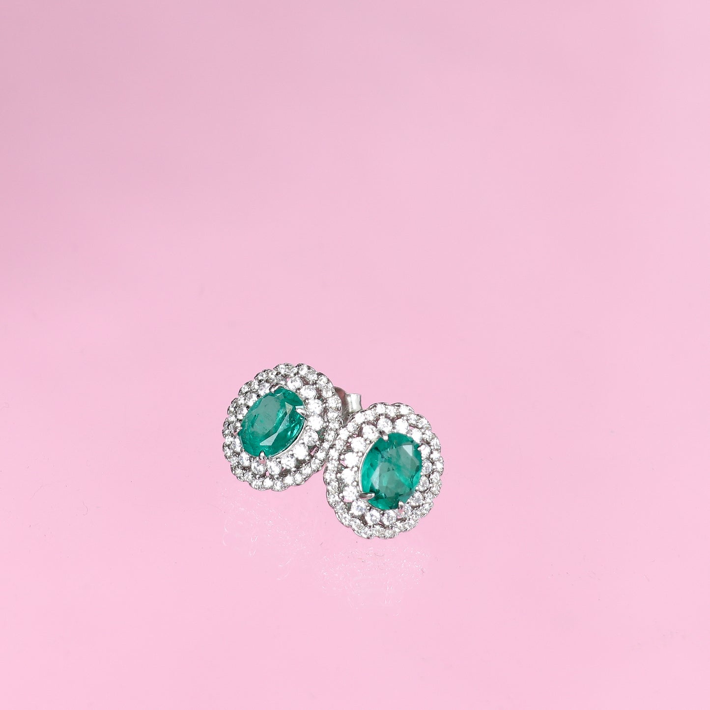 OVAL EMERALD EARRINGS WITH DOUBLE HALO