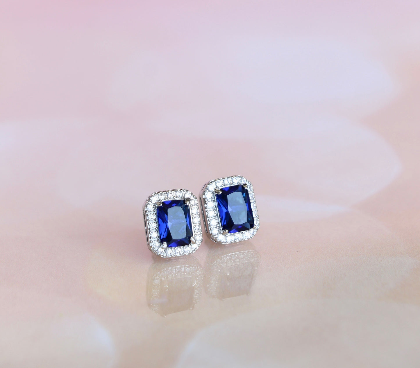 CLASSIC SAPPHIRE RECTANGULAR HALO EARRINGS