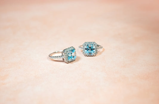 AQUAMARINE RING WITH HALO
