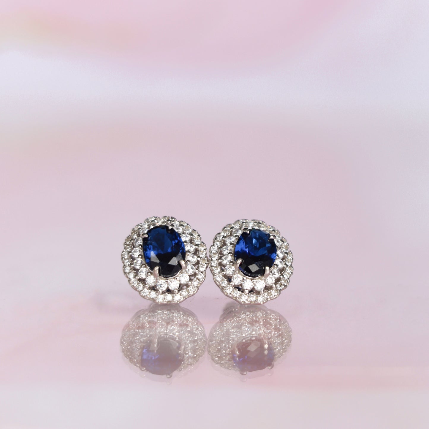 OVAL BLUE SAPPHIRE EARRING WITH DOUBLE HALO