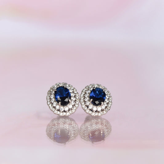 OVAL BLUE SAPPHIRE EARRING WITH DOUBLE HALO