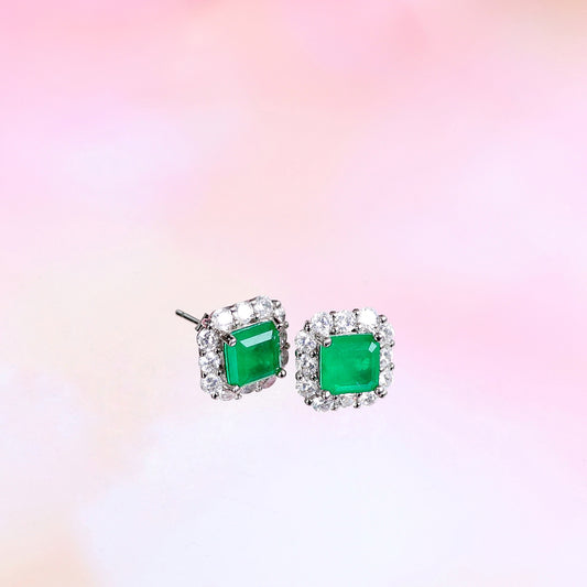 SQUARE EMERALD HALO STUDS