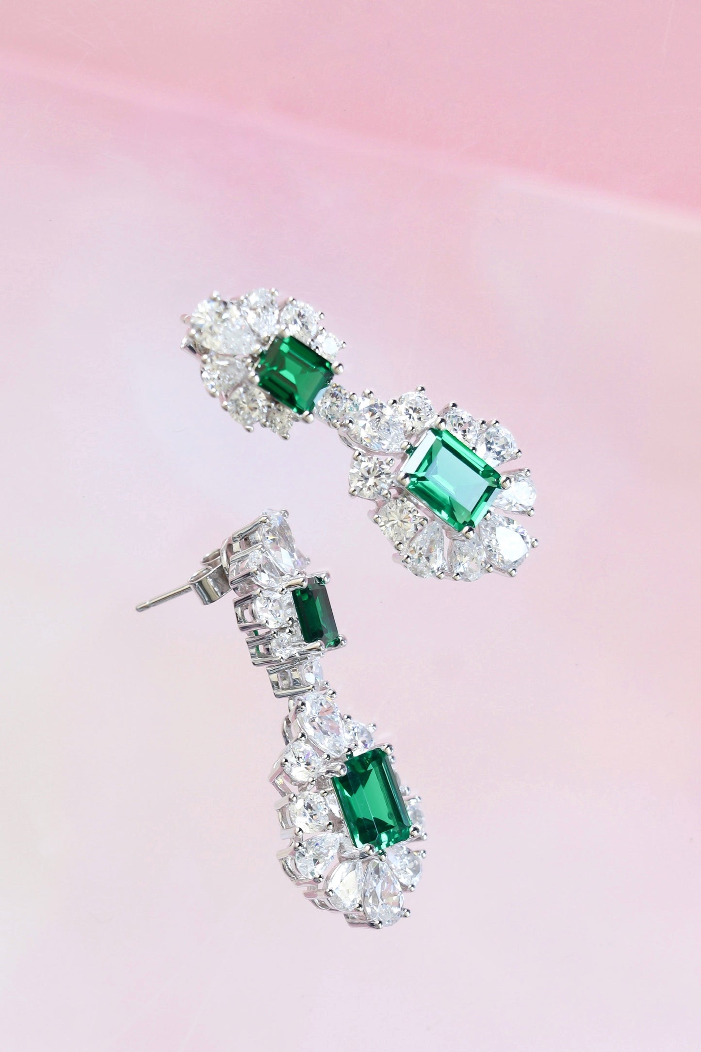 FORMAL “MICHELLE” WHITE AND EMERALD LONG EARRINGS