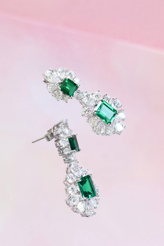 FORMAL “MICHELLE” WHITE AND EMERALD LONG EARRINGS