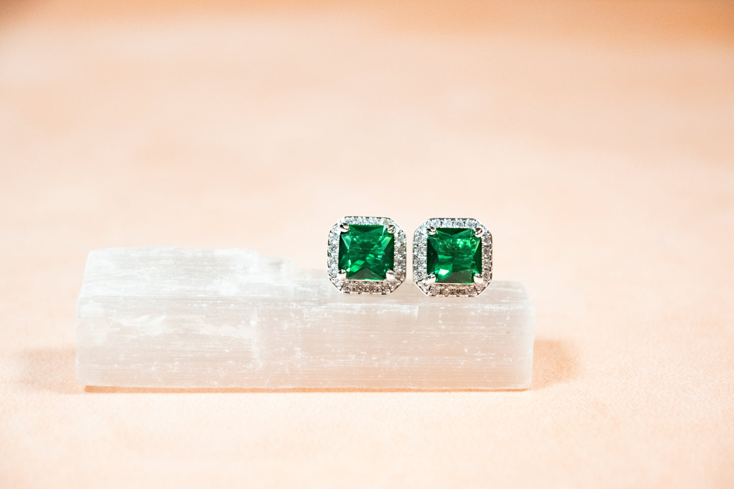 CLASSIC EMERALD SQUARE HALO EARRINGS