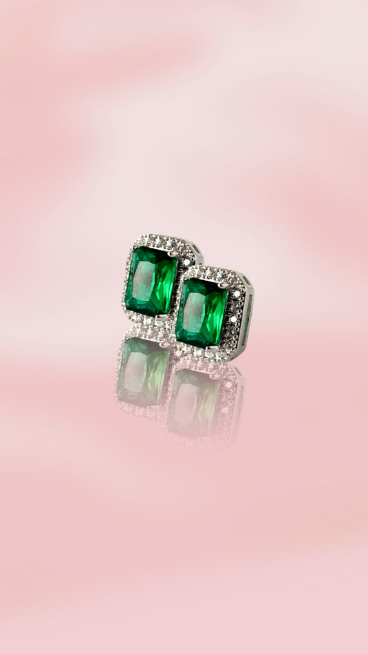 CLASSIC EMERALD RECTANGULAR HALO EARRINGS