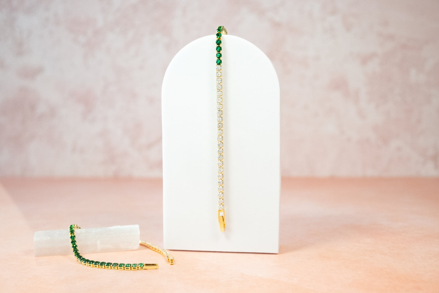 THE “GREEN HALF AND HALF” GREEN AND WHITE TENNIS BRACELET 3MM (GOLD BASE)