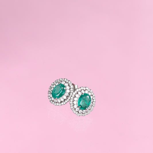 OVAL EMERALD EARRINGS WITH DOUBLE HALO