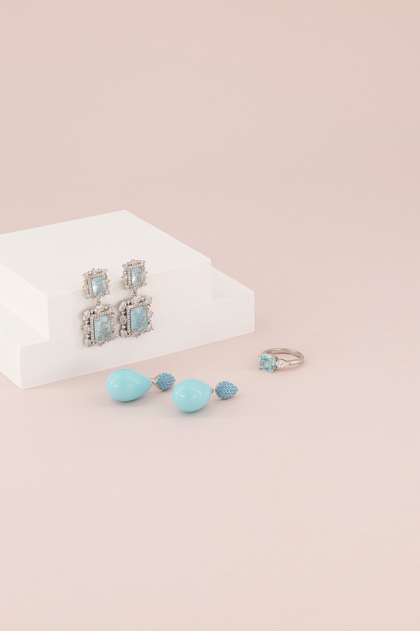 AQUAMARINE LONG EARRINGS WITH CLASSIC SILVER HALO