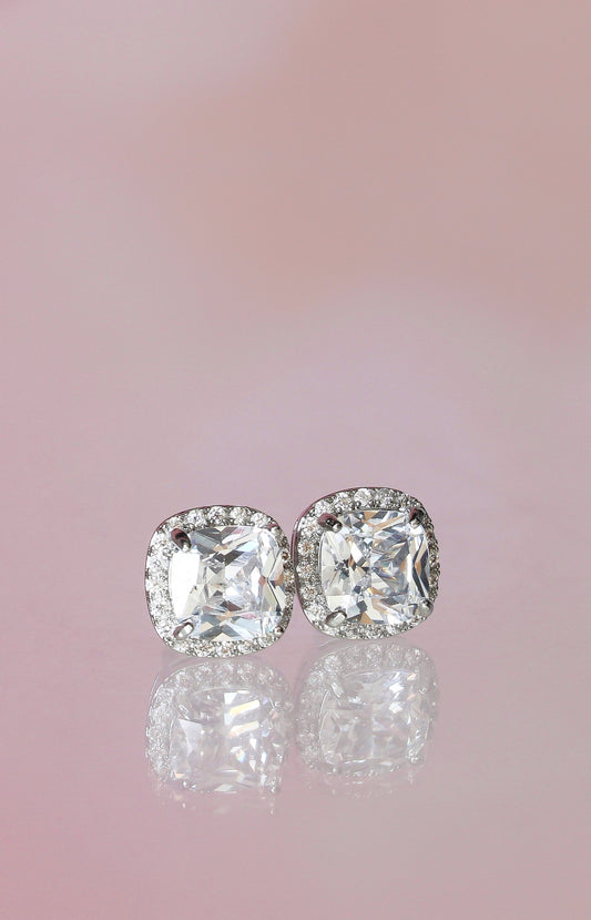 ALL-WHITE ROUNDED SQUARE HALO EARRINGS